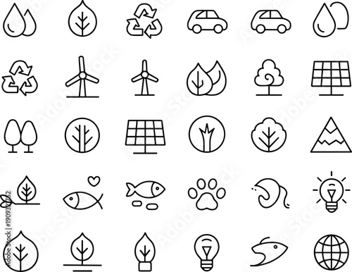 Ecology and Green Energy Line Icon Set Featuring Solar Panels Wind Turbines Recycling Symbols Nature Elements and Sustainable Environment Resources