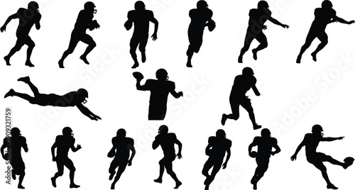 American football player silhouettes, athletes in action poses, running tackling throwing concept, sports illustration isolated