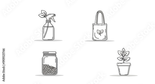 Eco-friendly home essentials: spray bottle, tote bag, seeds in jar, potted plant