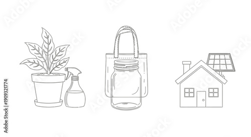 Eco-friendly lifestyle icons: plant care, reusable jar, and solar-powered home