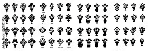 Variety of flower bouquet icons in black and white