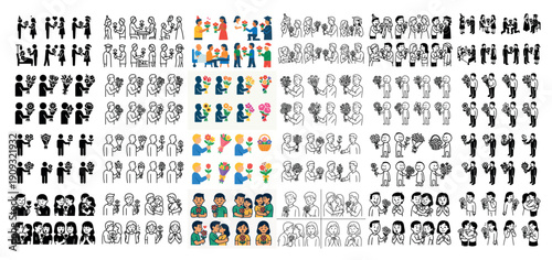 Diverse group of stick figures with flowers