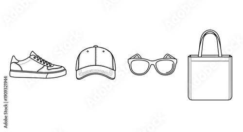 Fashion Accessories Lineup: Sneaker, Cap, Sunglasses, Tote Bag - White Background