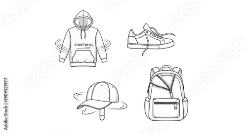 Fashionable Apparel and Accessories Set: Hoodie, Sneakers, Cap, Backpack - Line Art