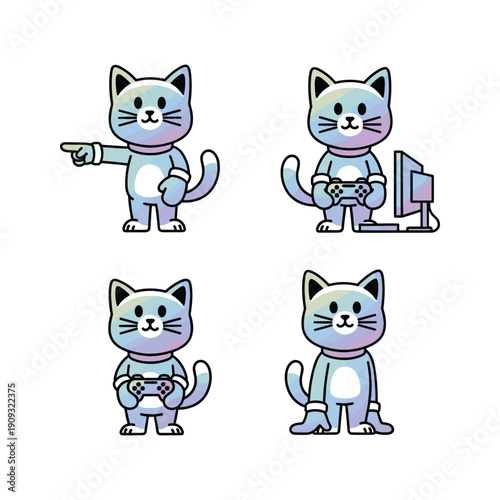 Cartoon cat characters playing video games in various poses with copy space