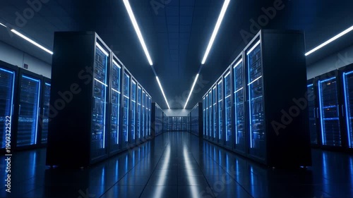 Camera glides through modern data center corridor with glowing server racks and blue status lights in motion