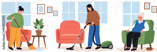 Domestic scene with family members cleaning living room, sweeping floor, vacuuming carpet, elderly person resting in cozy armchair