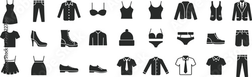 Clothing and fashion icons collection featuring apparel shoes accessories isolated on white background wardrobe style vector illustration set design elements