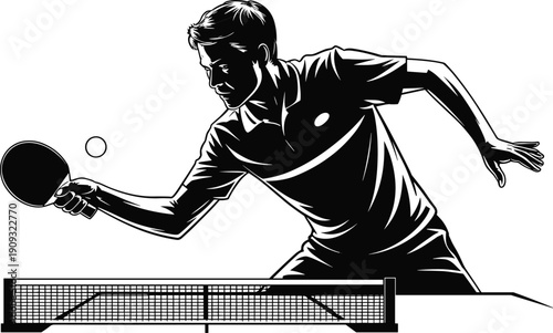 Dynamic silhouette vector of person playing table tennis with paddle and ball, highlighting sport action, competition, training, and recreation