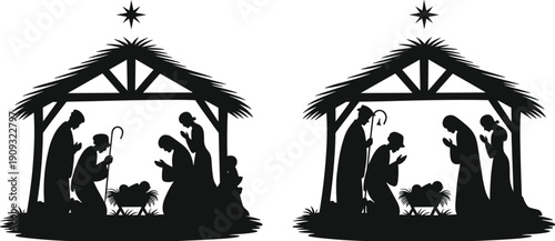 Nativity scene silhouette illustration, black flat vector Christmas manger with Mary, Joseph, baby Jesus and star for Christian holiday, religious and festive design