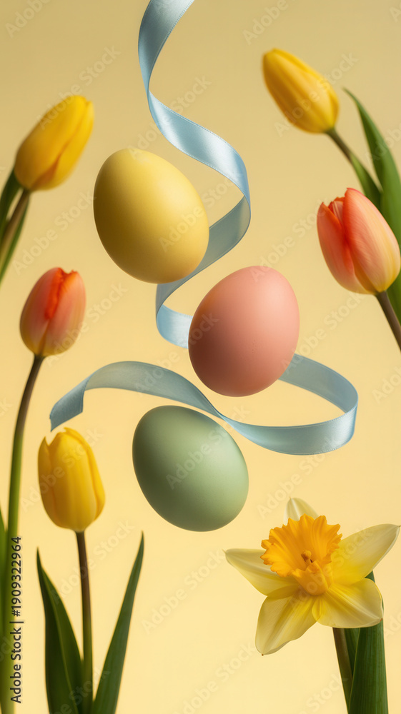 Obraz premium Colorful Easter eggs with ribbon and tulips on soft yellow background for spring celebration