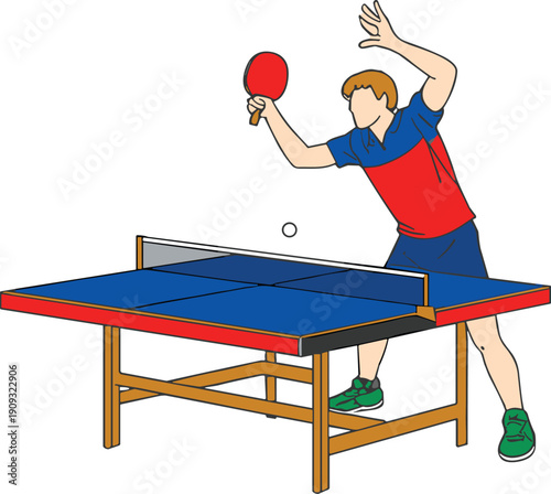 Dynamic table tennis player silhouette hitting ping pong ball on professional table, symbolizing sport, competition, energy, focus, and athletic performance illustration.