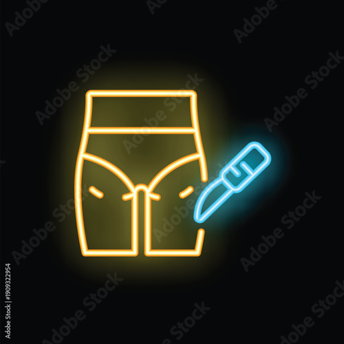 Yellow neon icon of a pair of legs with a scalpel representing liposuction surgery