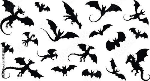 Fantasy dragon and bat silhouettes collection, flying mythical creatures vector illustration set, black shadow designs for fantasy art and storytelling