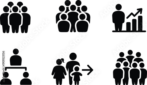 People and community solid icons set featuring group teamwork, population growth, leadership hierarchy, social structure, family movement, and business analytics concepts