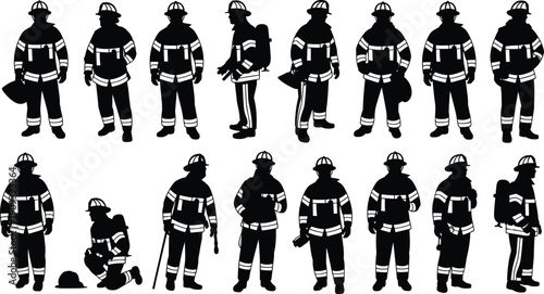 Firefighter silhouettes in uniform with helmets, diverse poses holding equipment axes hoses flashlights, emergency rescue safety profession vector illustration concept design