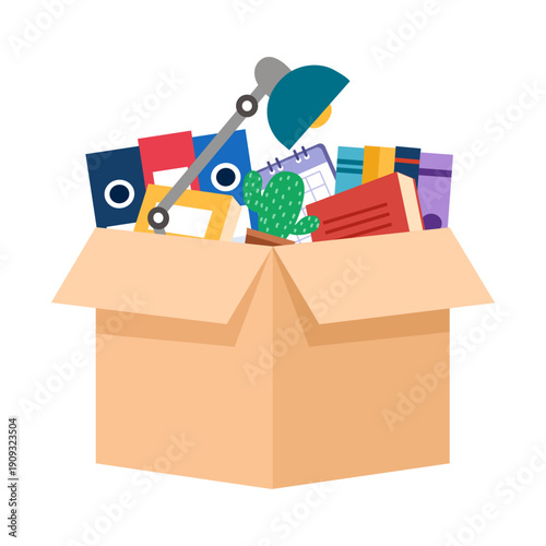 Cartoon office box tools. Folders, plant and stationery for work place in cardboard pack.