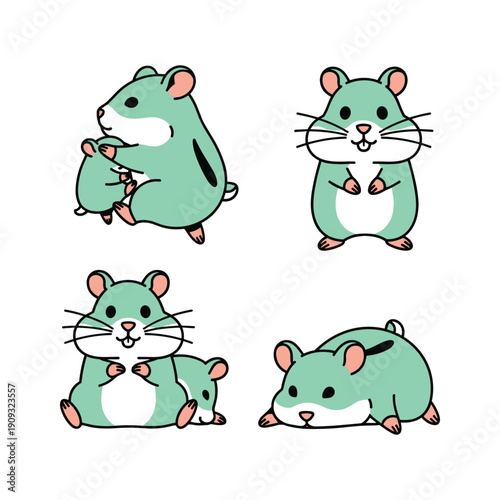 Cute cartoon hamsters in various poses on white background