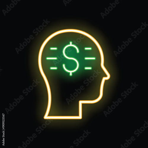 Neon human head with a green dollar sign inside representing money making ideas