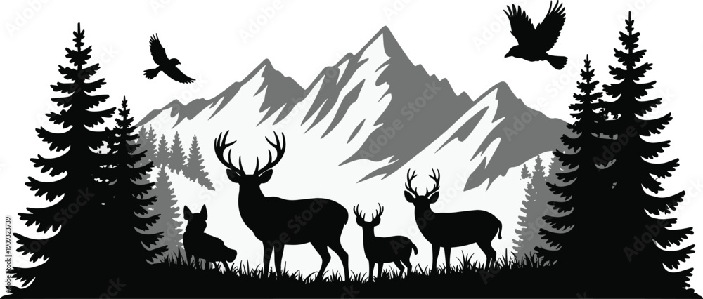 Naklejka premium Majestic mountain landscape with deer silhouettes, evergreen trees, flying birds, and natural wilderness scenery for wildlife vector illustration design.