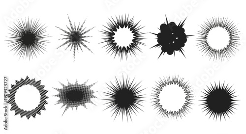 Set of radial burst explosion starburst and speed lines graphic elements for comic book and cartoon styles