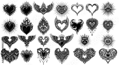 Ornate gothic heart illustration collection. Intricate vector designs with wings, flames, crowns, and mystical eyes, ideal for tattoo art, dark aesthetics, and unique graphic design projects