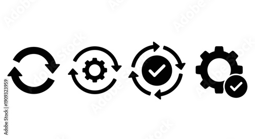 Comprehensive set of vector icons depicting continuous refresh cycles, system configuration, automated workflow processes, and successful task completion, perfect for digital design projects