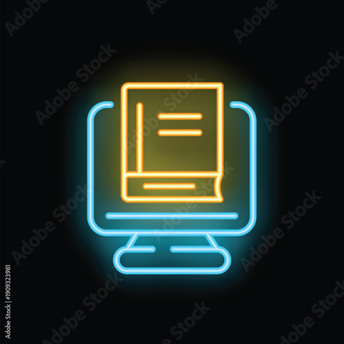 Neon icon of a book appearing on a computer screen, representing the concept of online education