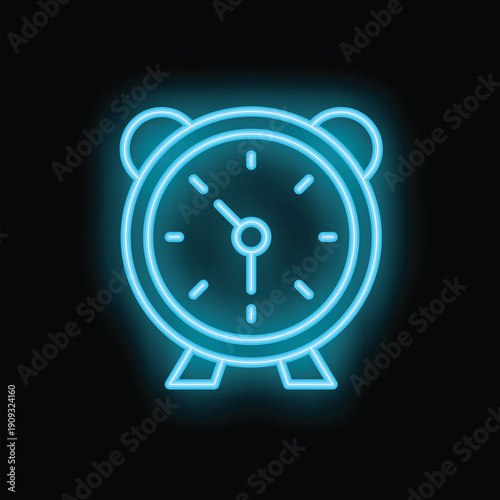 Neon sign showing a glowing blue alarm clock against a black background