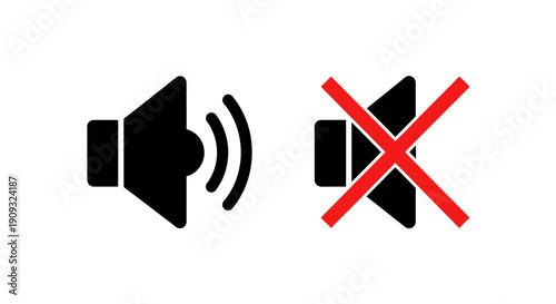 A speaker emitting sound waves is displayed beside a muted speaker icon with a red cross symbol indicating silence or no sound
