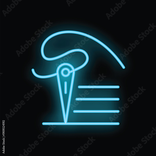 Blue neon icon of a needle and thread piercing a piece of cloth, glowing against a black background