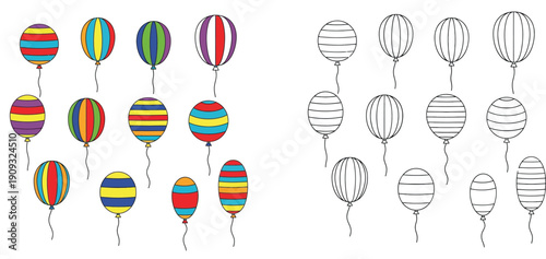 Vector Illustration Set of Colorful and Outline Striped Balloons for Birthday Party Celebration, Festival Decorations, and Educational Coloring Book Design Elements