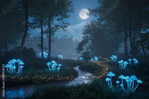 Enchanted Glowing Forest with Bioluminescent Mushrooms and Fairy Lights  
