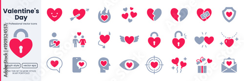 Hearts and love duotone icon set. Romance, valentine day passion, happy, broken heart, couple dating minimal vector illustrations. Simple red grey glyph signs for relationship and romantic gifts