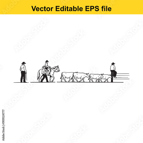  two shepherds herding sheep with a horse in a simple line drawing