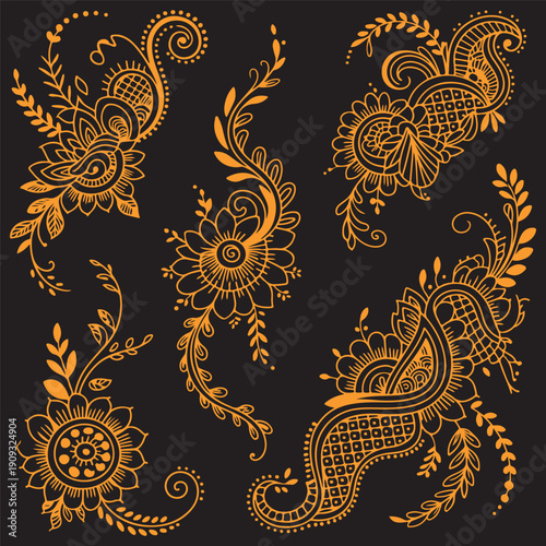 Mehndi floral ornament vector illustration set featuring paisley shapes, mandala patterns, lotus flowers, henna tattoo designs, and decorative ethnic elements