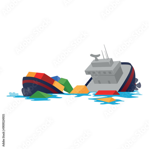 Cargo ship in distress, containers falling into the water, after a storm or collision