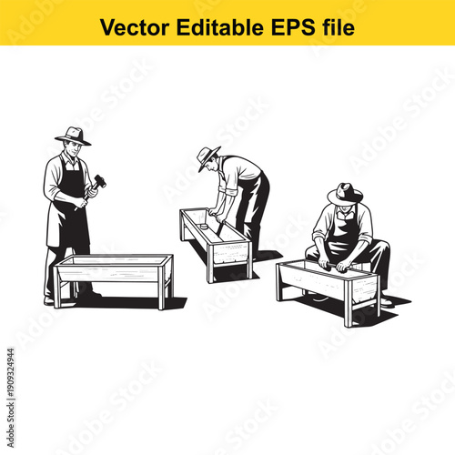  three craftsmen working on wooden furniture