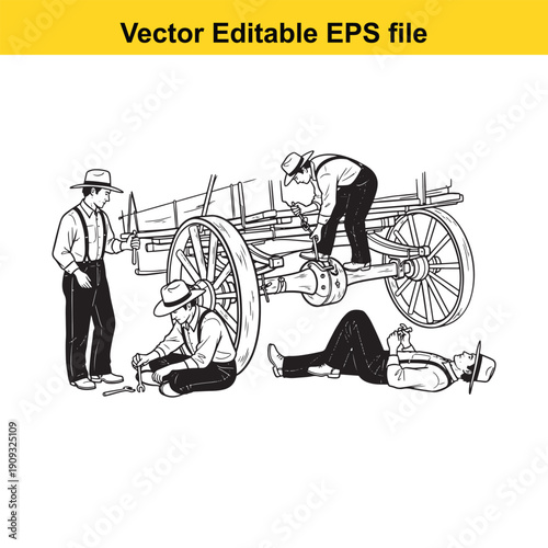  men working on a vintage cart with large wooden wheels