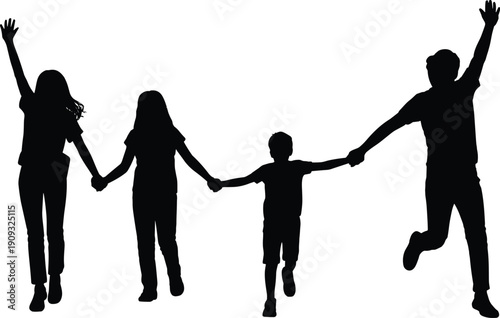 Happy family silhouette illustration showing parents and children holding hands and jumping together, joyful family bonding and freedom concept, black vector design