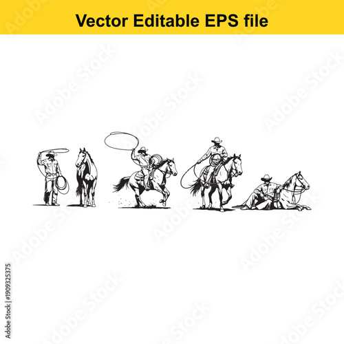  black and white illustration of cowboy riding horse