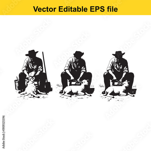  three cowboys shearing sheep in a row