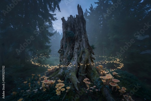 Mystical Forest with Fairy Lights and Luminous Mushrooms