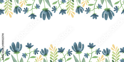 Seamless border with hand-drawn watercolor green branches, leaves, and blue flowers. Spring and summer collection of colorful plants in a simple style.