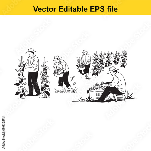  black and white illustration of farmers harvesting crops