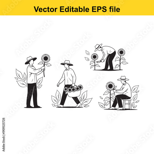  vector illustration of farmers working with sunflowers