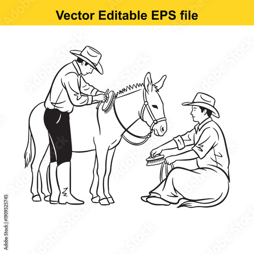  two men grooming a horse in a simple illustration