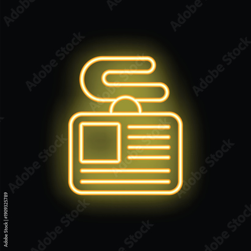 Yellow neon sign showing an id card icon on black background