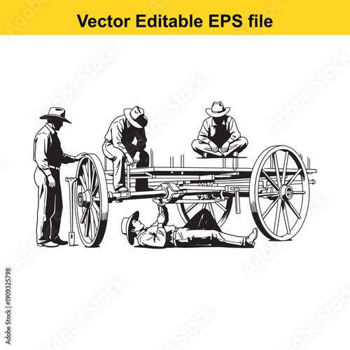  men working on a large cart with wooden wheels