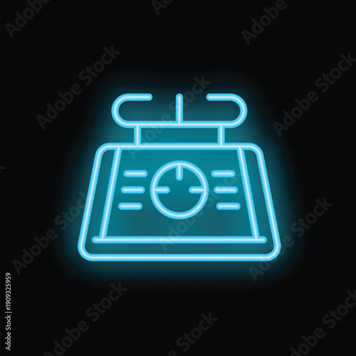 Neon sign of a vintage cash register glowing on a black background, representing retail and commerce